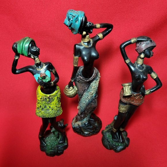 Vintage African Tribal Lady Woman Resin Figure Sculpture Decor Set of 3 - Picture 10 of 12
